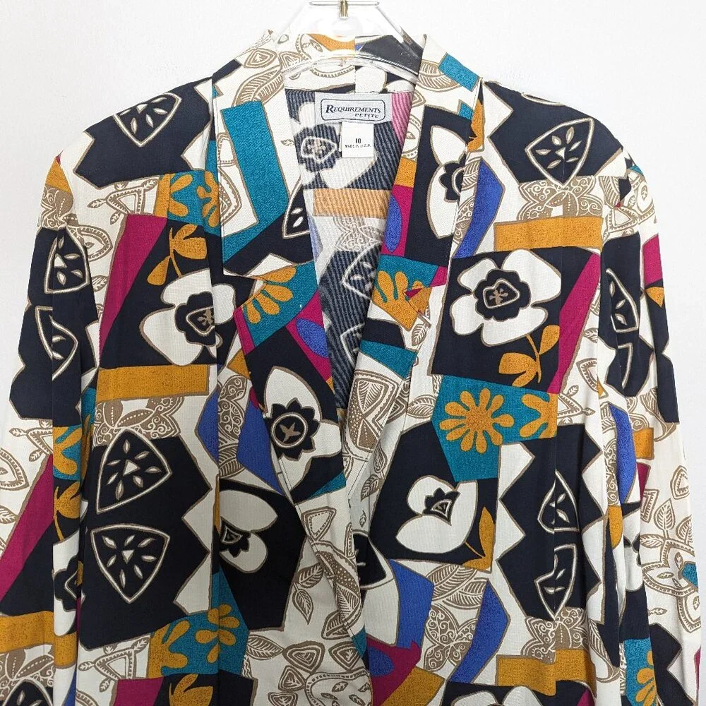 Vintage 80's Bright Geometric Pop Art Pattern Blazer Long Sleeve Pockets Floral